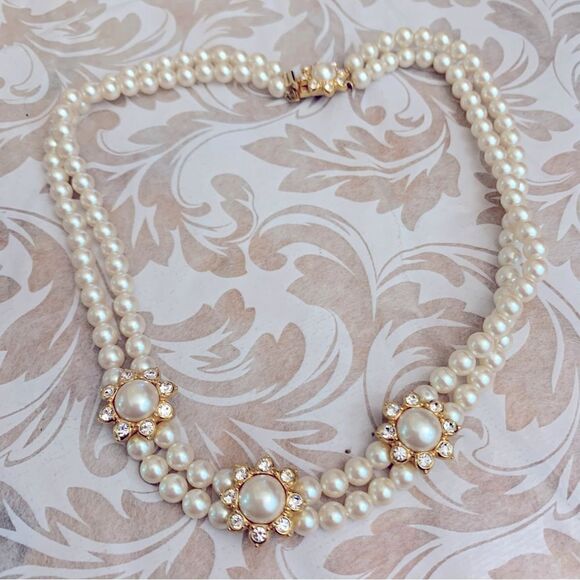 Vintage Faux Pearls & Rhinestones Necklace 2 Strand 16” Gorgeous - Picture 1 of 4